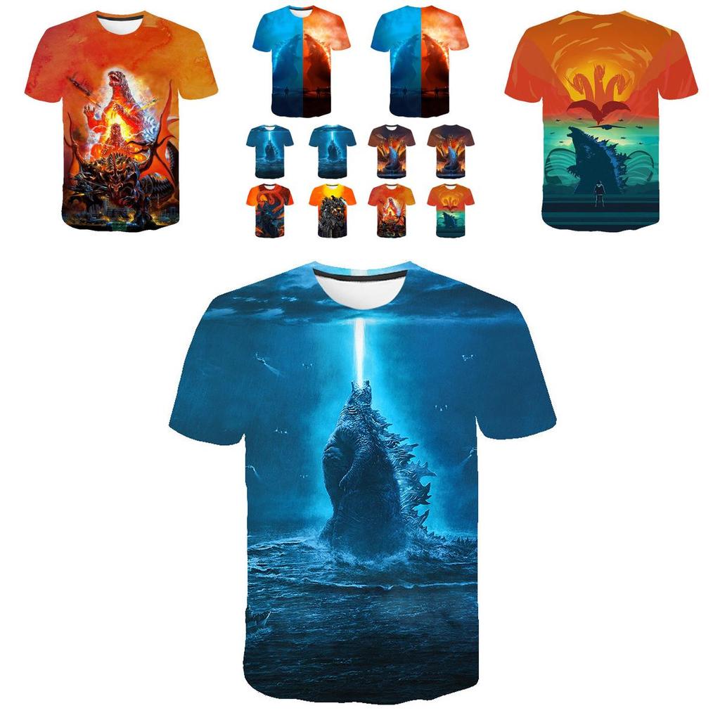 Farbenfrohes 3D-Druck-Godzilla-König-der-Monster-Unisex-Freizeit-Kurzarm-T-Shirt