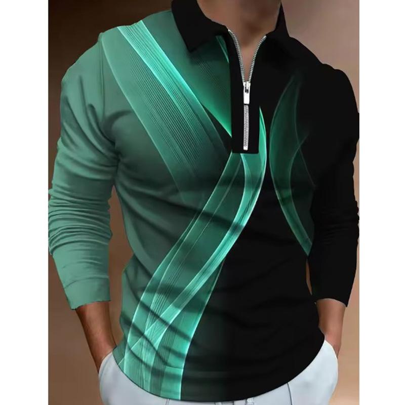 Light Blue Long Sleeve Polo Shirt Men's Casual Button-Up Shirt with Zipper Collar & Chest Pocket Regular Fit Spring/Fall Apparel