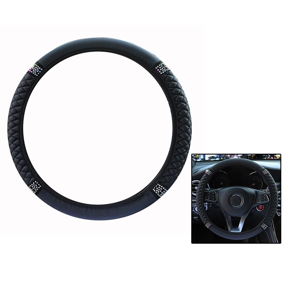 Black PU Leather Diamond Car Steering Wheel Cover Protector 15\/38cm Accessories