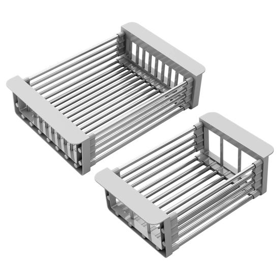 Drain Basket Stainless Steel Kitchen Sink Drain Basket Telescopic Drying Rack with Non-Slip Support Utensils Storage Holder