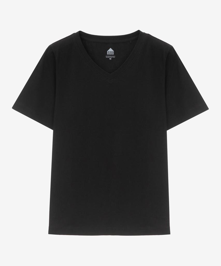 BASIC HOUSE Women'S V-Neck Stretch Slim Fit Short Sleeve T-Shirt Black Lats0204 (B Type)