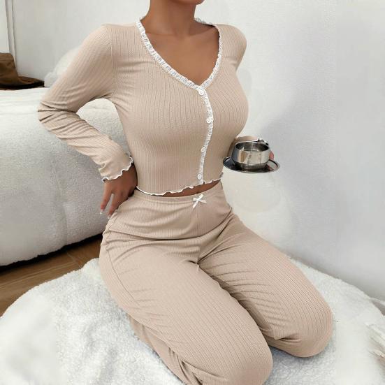 2 Stück/Set Frühling Damen Oberteil Hosenanzug Langarm V-Ausschnitt Spitze Raffung Besatz Cropped Top Elastische Taille Hose