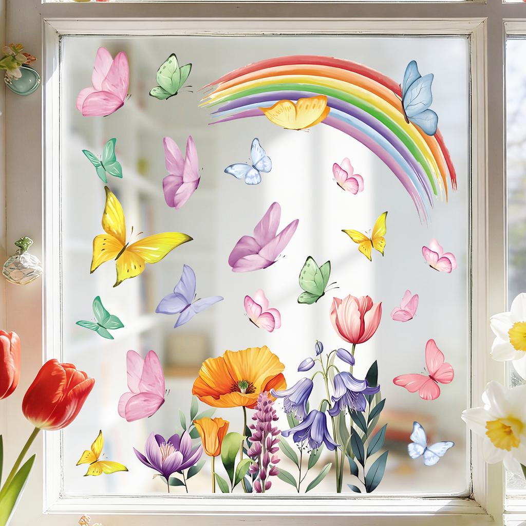 Statische Raamstickers Creatieve Regenboogbloemen en Vlinders voor Keuken Slaapkamer Woonkamer Badkamer Glasdecoratie