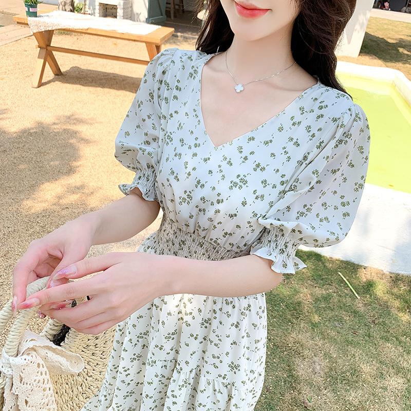 Wind Sweet Fairy Floral Dress Summer Small Fresh V-neck High Waist Slimming Dress Female A-line Long Skirt