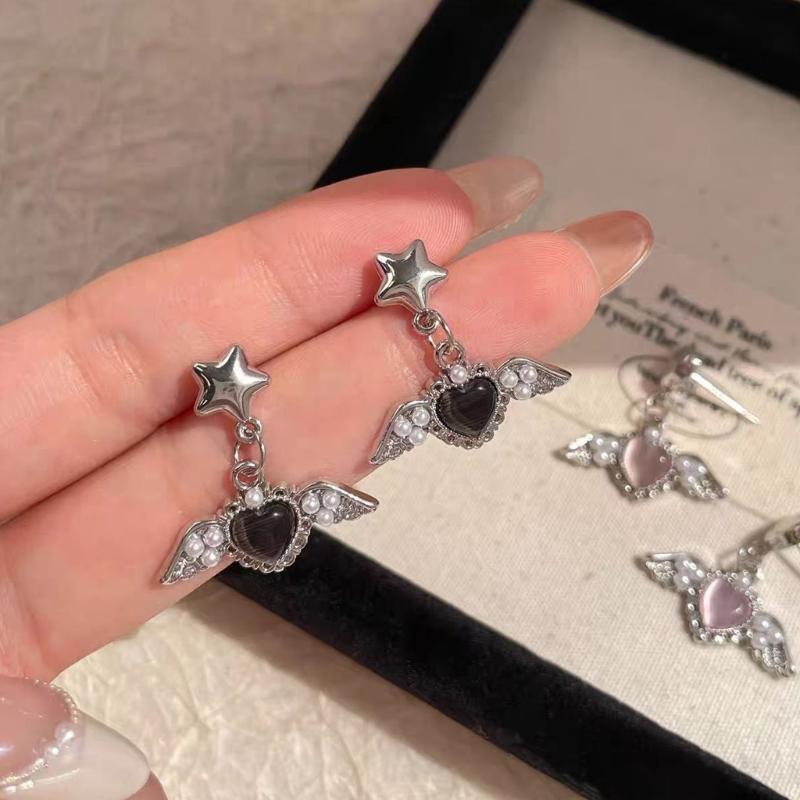 Elegant Pearls Accented Angel Wing Heart Earrings Premium Alloy Allergy Resistant Lightweight Ear Pendant For Daily Wear