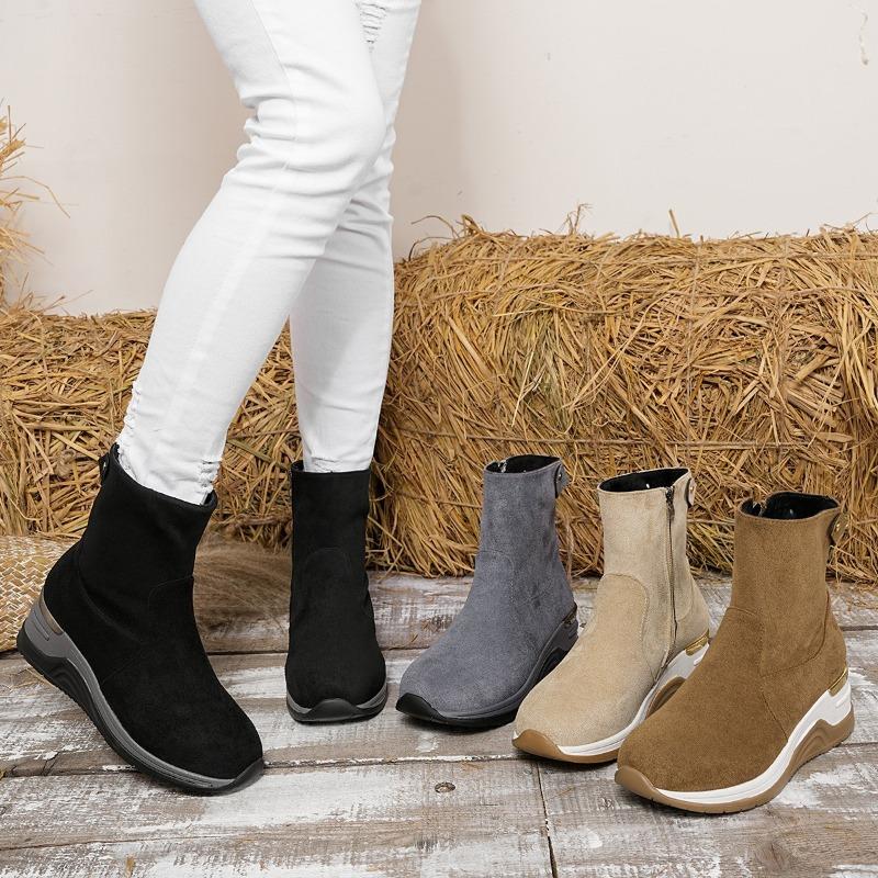 Women's Wide Width Suede Wedge Ankle Boots - Side Zipper Chunky Heel Boots for Fall, Slender Fit Platform Fashion Boots