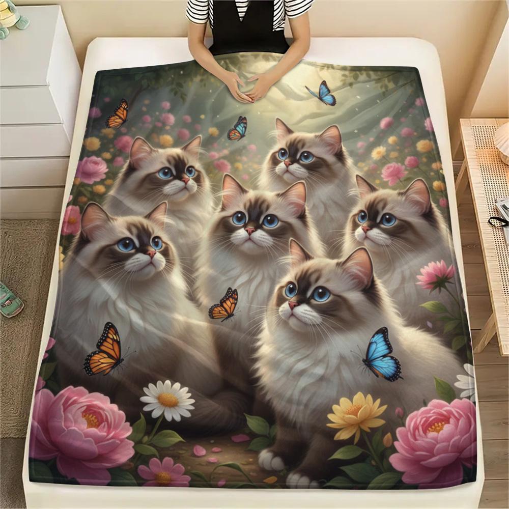 1PC Cat Print Flannel Blanket, High Quality Comfortable for All Seasons, Home Decor, Warmth and Comfort