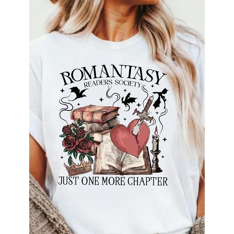 European Size Romantic Readers Association Heart-Shaped Sword Book Print Short-Sleeve Crew Neck T-Shirt for Women
