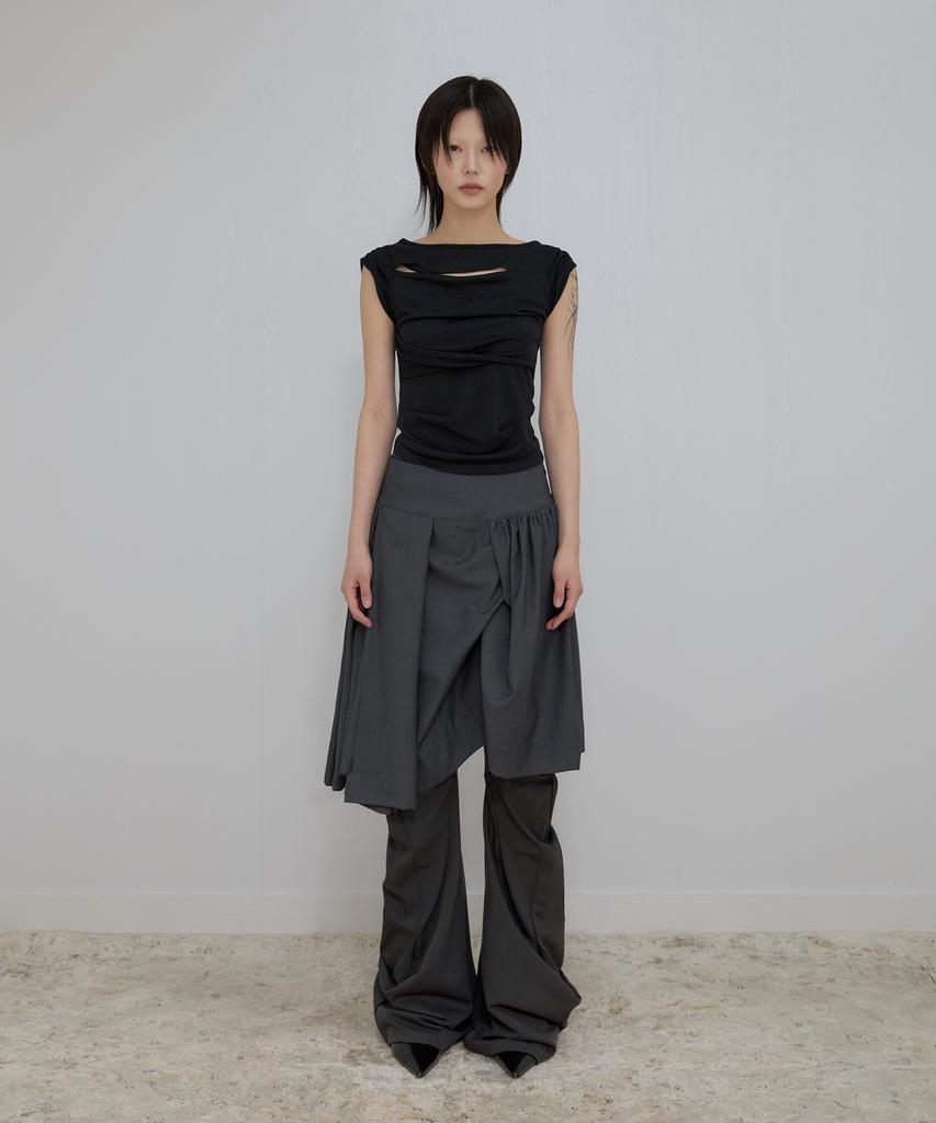 Peulleeoeob Asymmetrical Draped Midi Skirt (Fl-248_Charcoal)