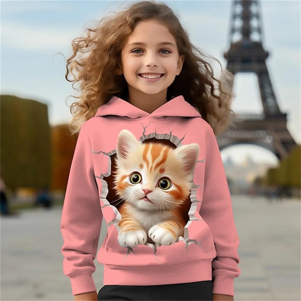 Kids Clothes Cats Hoodies Pullover Outerwear Girl Clothes 2 To 8 Years Spring Fashion 3D Print Children's Full Sleeve Tops