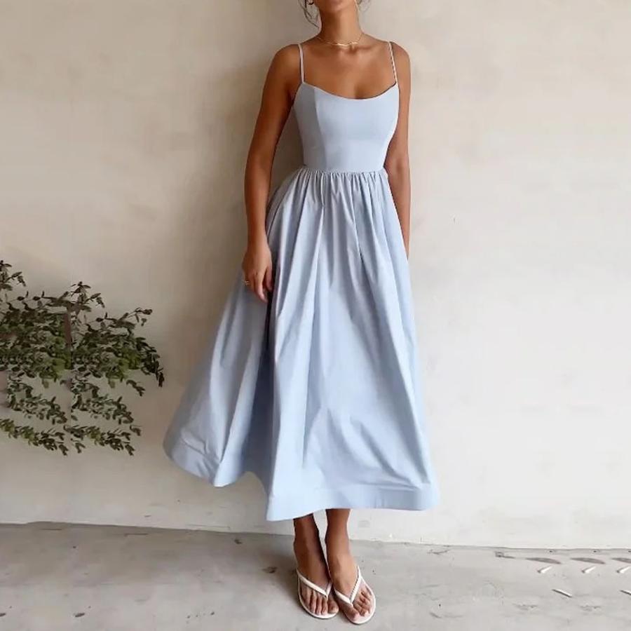 Summer New Women's Elegant Halter Dress,Pure Color High Waist A-Line Dress