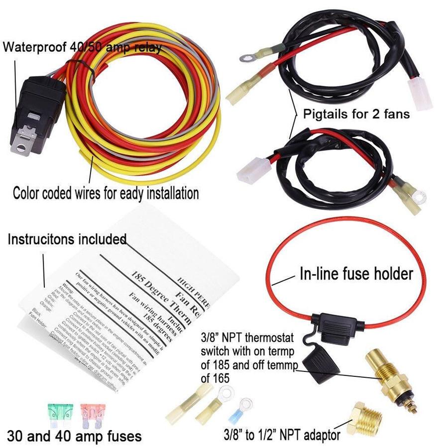 Universal DUAL ELECTRIC COOLING FAN WIRING HARNESS INSTALL KIT 185/165 HERMOSTAT 40A RELAY
