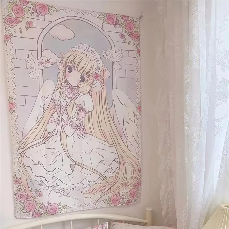 Angel Girl Tapestry Pink Gold Lace Dove Arch Anime Style Bedroom Ins Home Decoration