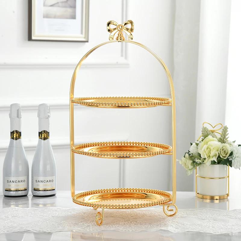 Enkellaags Tweelaags Drie Laags Strik Metalen Taartstandaard Goud Zilver Rond Parel Dessert Taartvorm Fruitplateau Display Stand