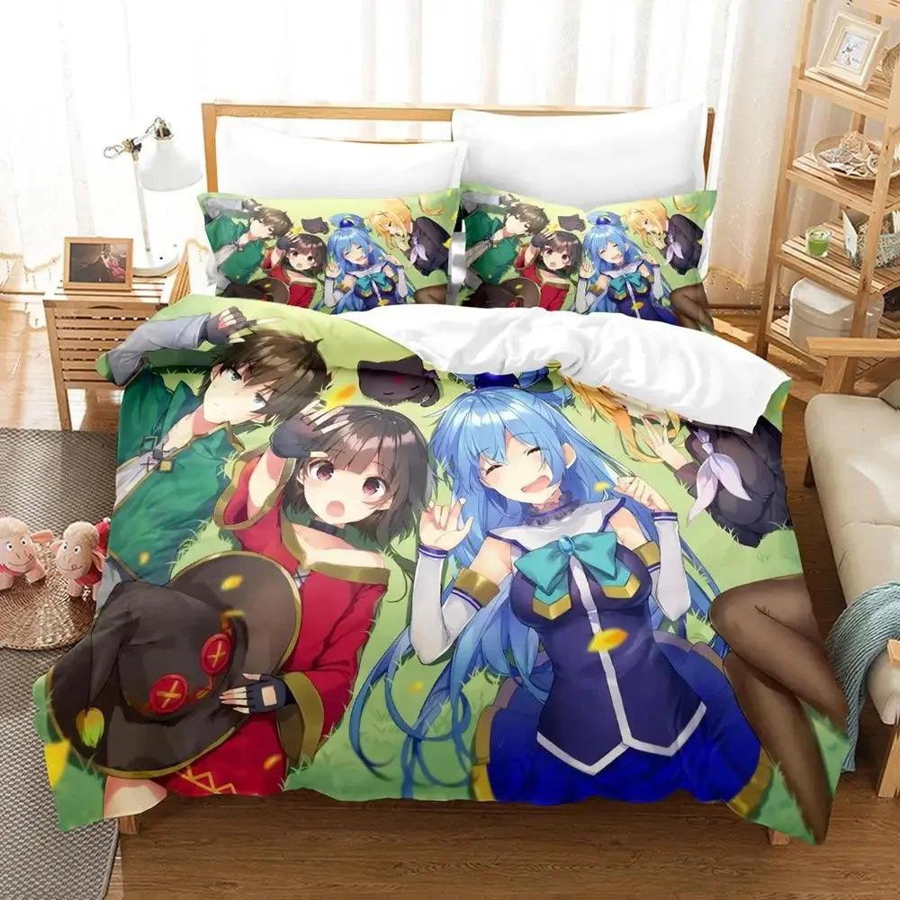 Set de lenjerie de pat Anime KonoSuba Băieți Fete Dimensiune Twin Queen Husă de plapumă Față de pernă Pat Copii Adulți Modă Textile de casă