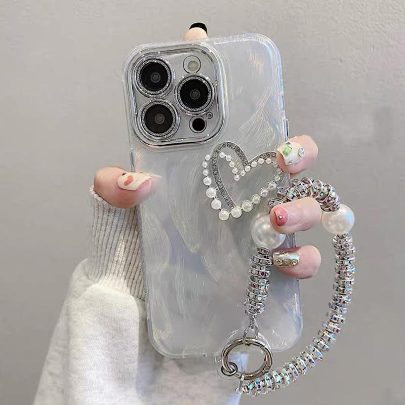 Pärlemor Kärlek Telefonfodral för Apple 17 Promax Armband för IPhone 16 Damernas Helomfattande 15 Fallsäkert Personlighet