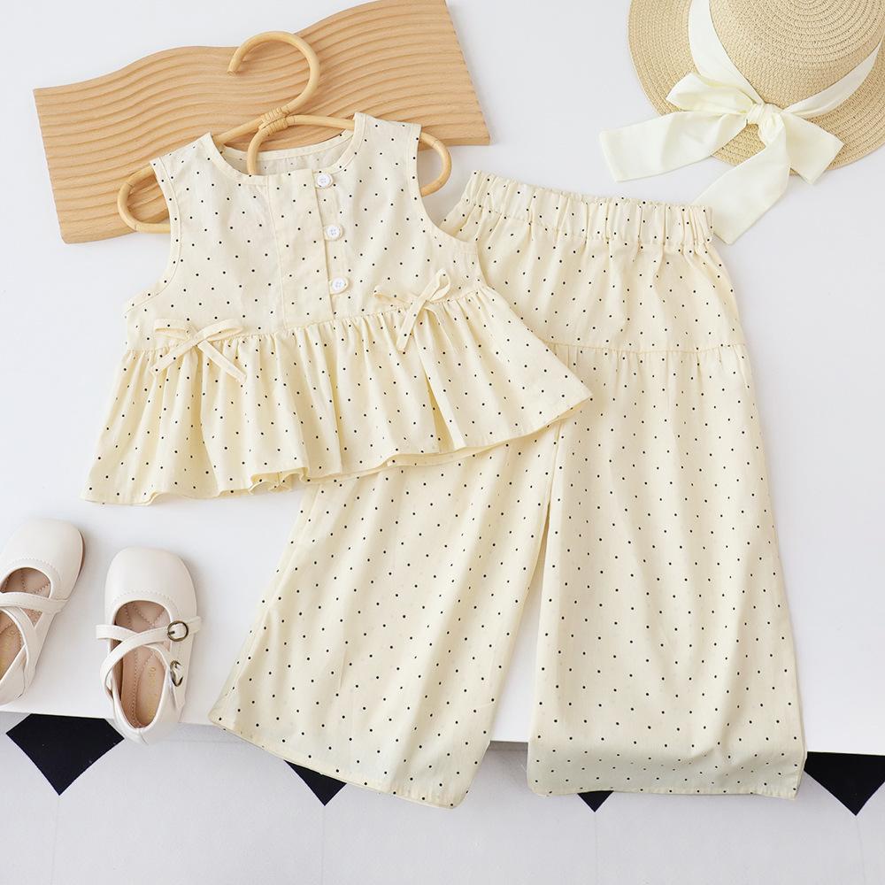 Baby Girl Summer Polka Dot Sleeveless Suit New Little Girl Casual Thin Top Wide Leg Pants Korean Style Two-piece Set
