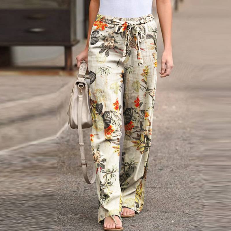 Summer Fashion Casual Simple Comfortable Elastic Waist Cotton Hemp Large Size Printed High Waist Wide Leg Pants