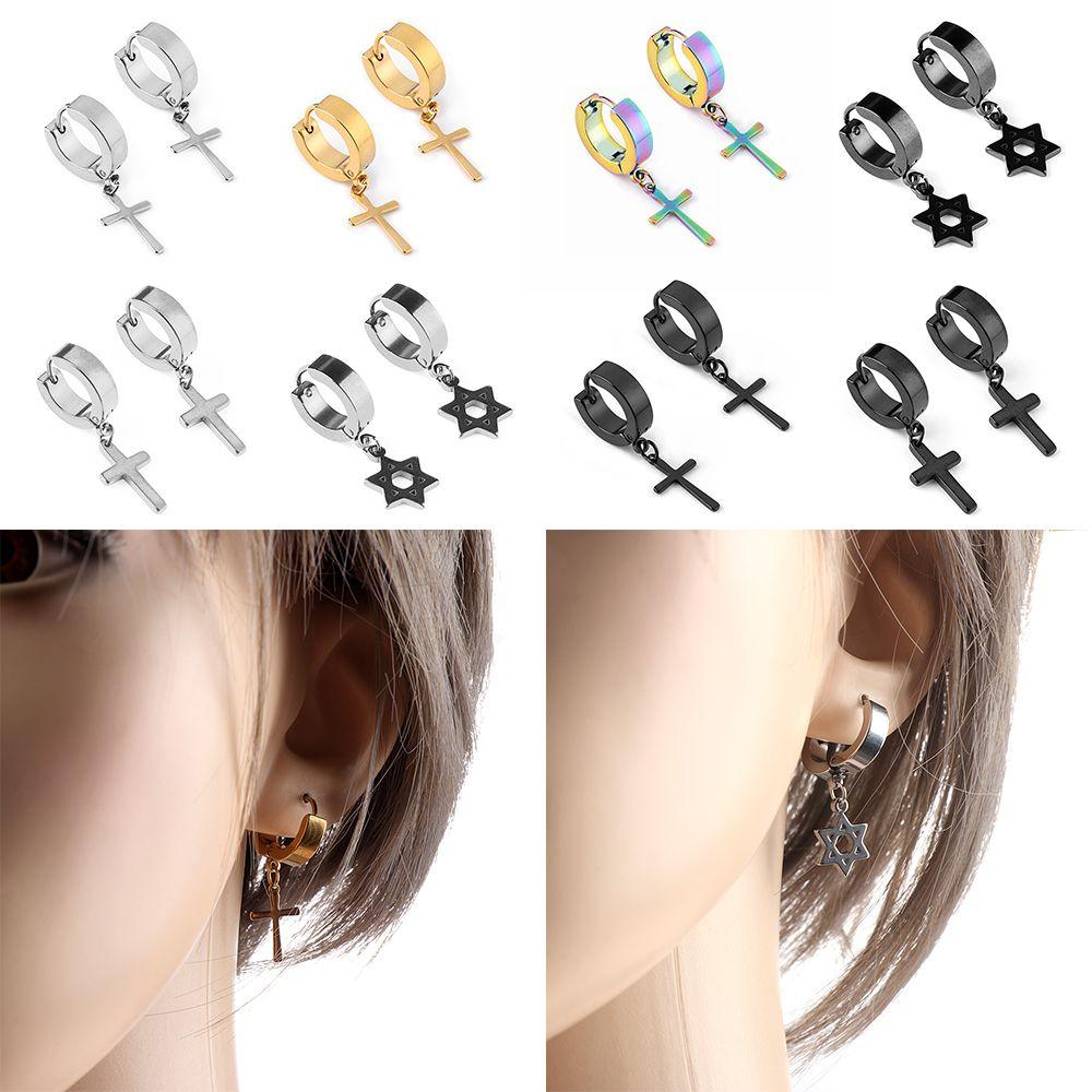 1Pc Punk Gothic Hoop Stainless Steel Earrings Ear Stud Pendant Cross Stars Dangle