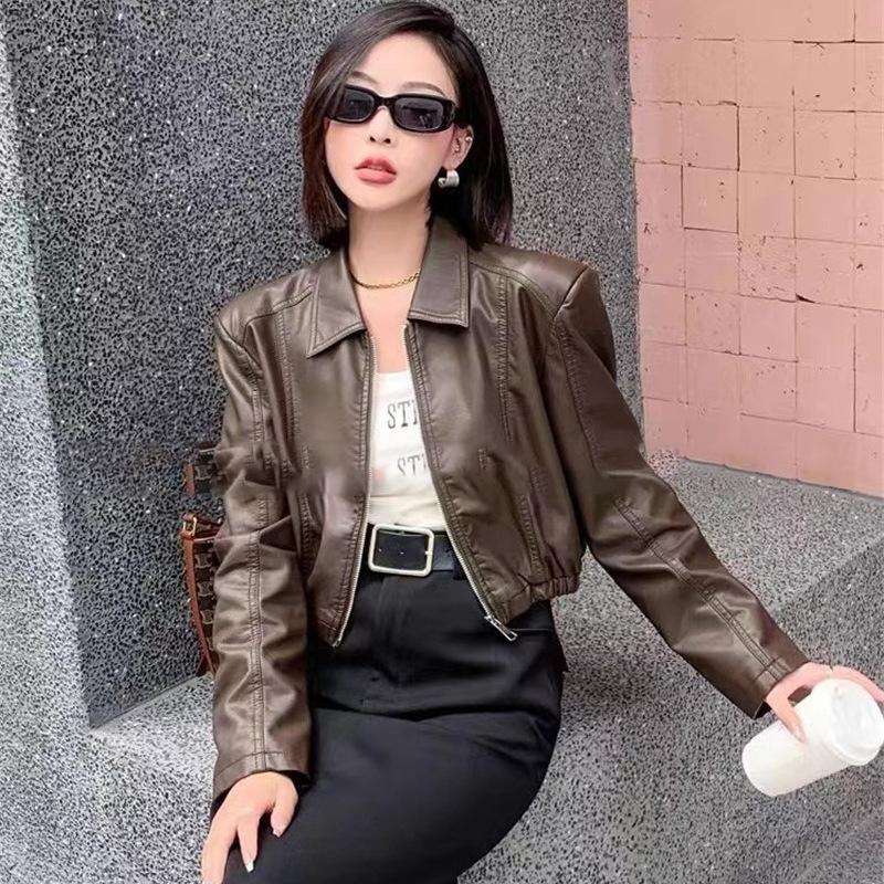 Small Leather Jacket Women's High-waisted High-end Motorcycle Wear Lapel Top Short Pu Leather Jacket