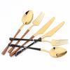 Schwarz Gold Geschirr Set Edelstahl Geschirr Nachahmung Holz Griff Besteck Messer Gabeln Tee Löffel Küche Besteck