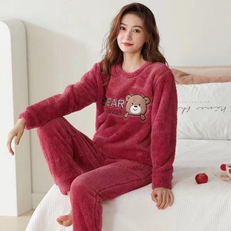 Verdickter warmer Übergröße gepolsterter Herbst- und Winter-Damenpyjama Oberteil und Hose Set Korallenfleece Damen Cartoon Bär 2-teilig/Set