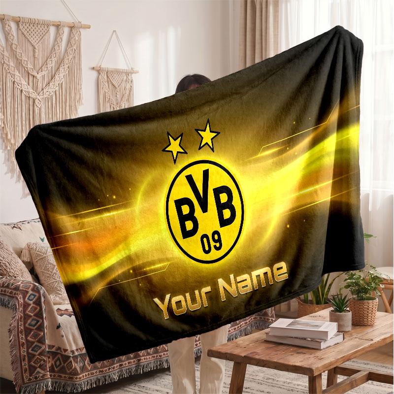 Gepersonaliseerde Fleece Deken van Borussia Dortmund met Voetbal Logo, Zachte Warme Huis Plaid met Aangepaste Naam Tekst