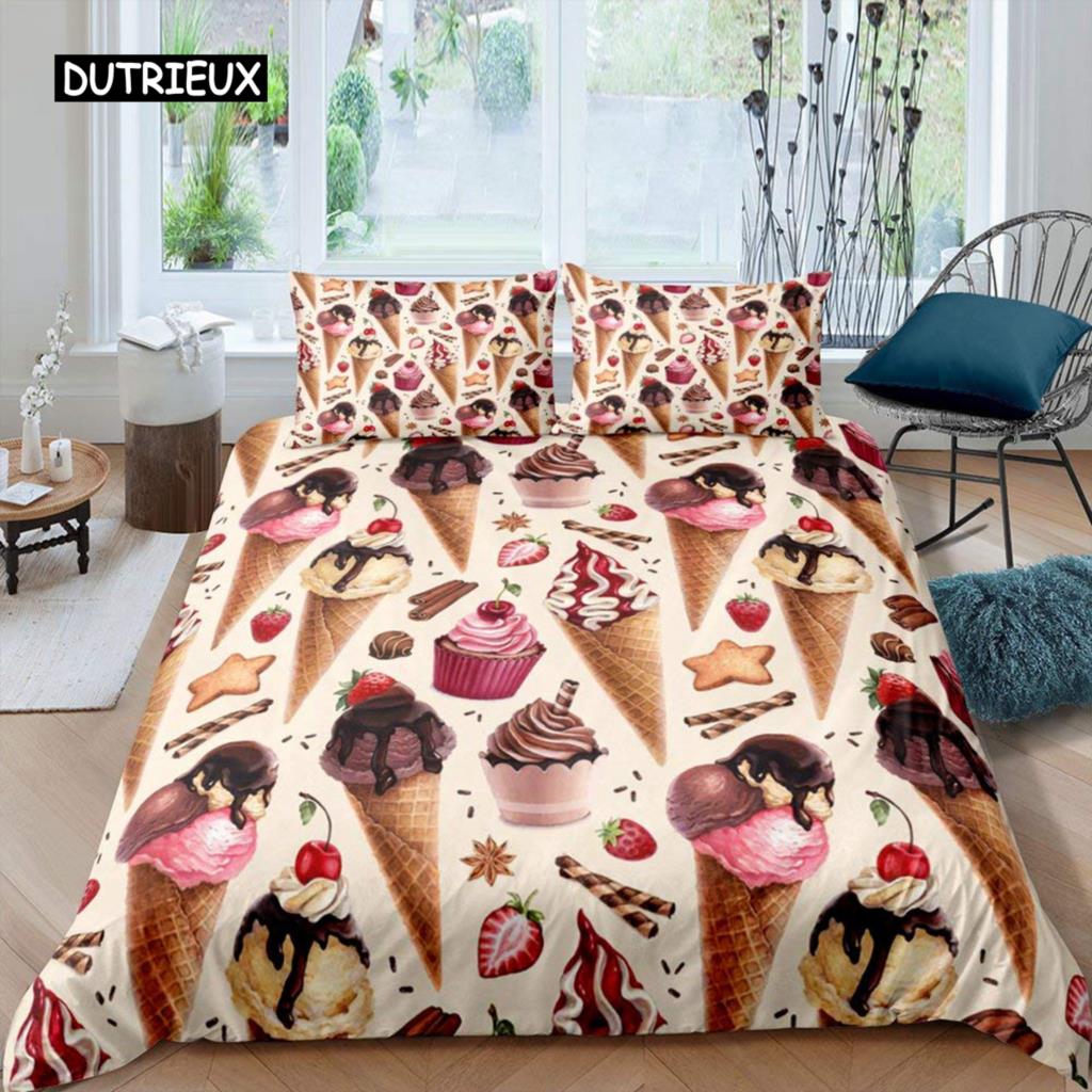 Set Copripiumino Gelato Colorato Cartone Animato Cupcake Ciliegia Limone Frutta Set Biancheria da Letto Stile Vacanza Estiva Morbido Copripiumino