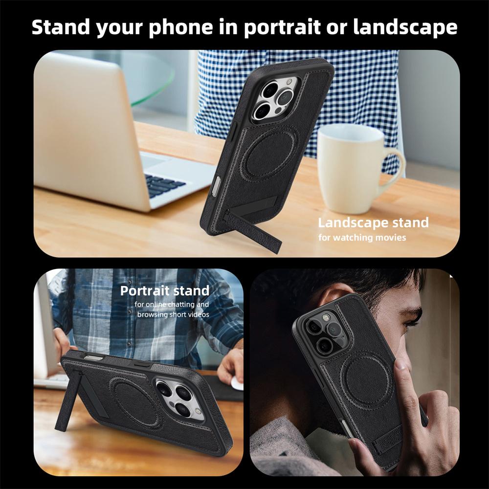 Fashion Leather for Magsafe Phone Case for iPhone 16 Pro Max 15 14 13 12 11 With Stand Bracket Strong Magnetic Shockproof Cover