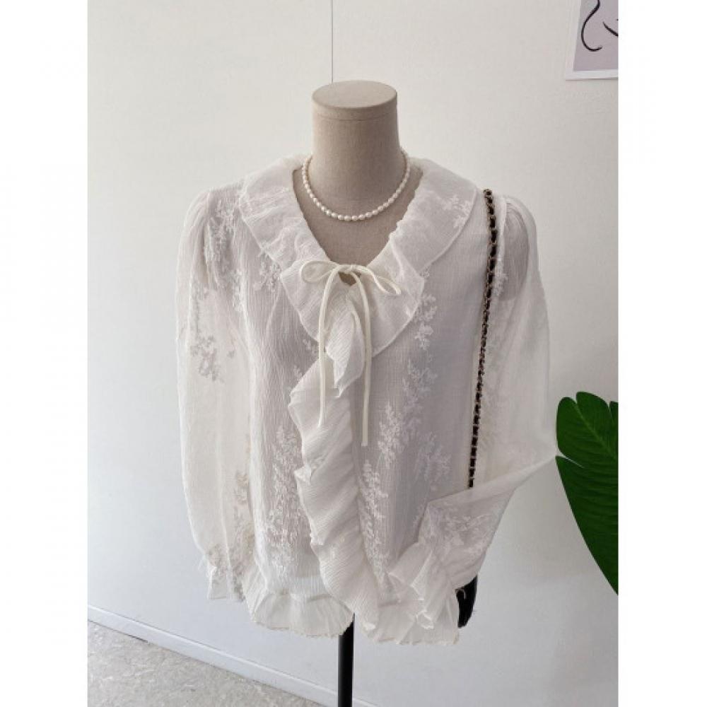 Honey J Women Toila Autumn V Neck Frill Ribbon Embroidered Blouse