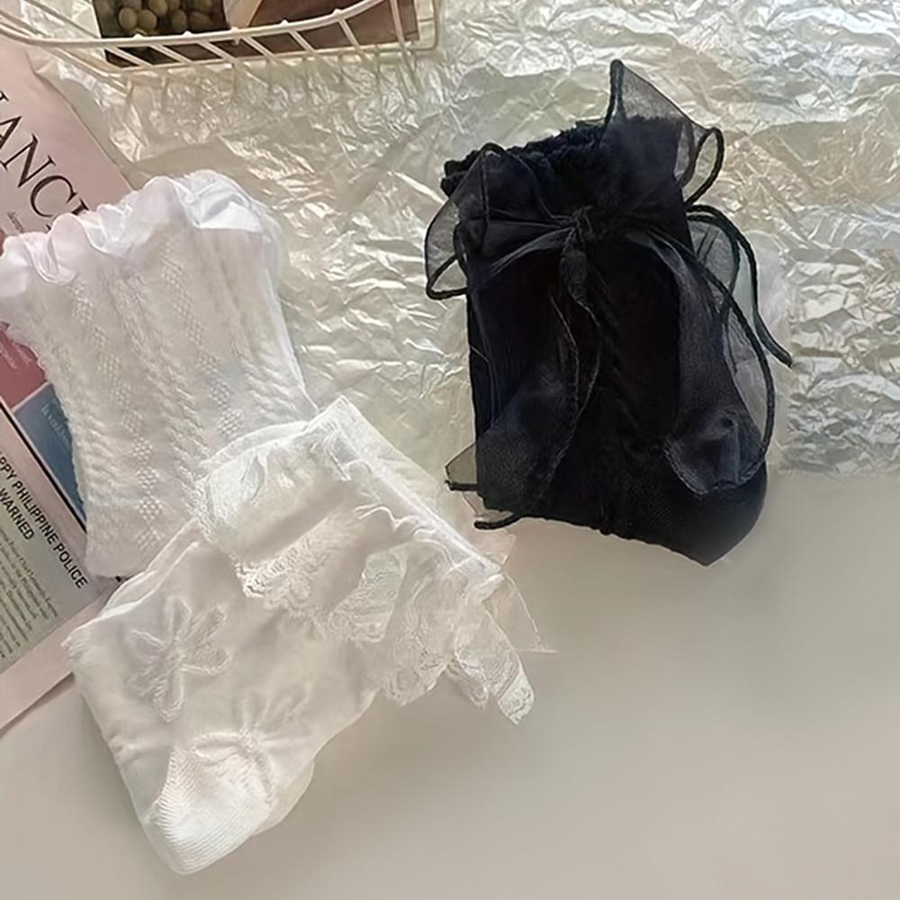 6 Paar Damessokken Effen Zwart Wit Lolita Kant Ruche Sokken Zomer Dun Japanse Stijl Kawaii Zoete Meisjes Korte Sokken