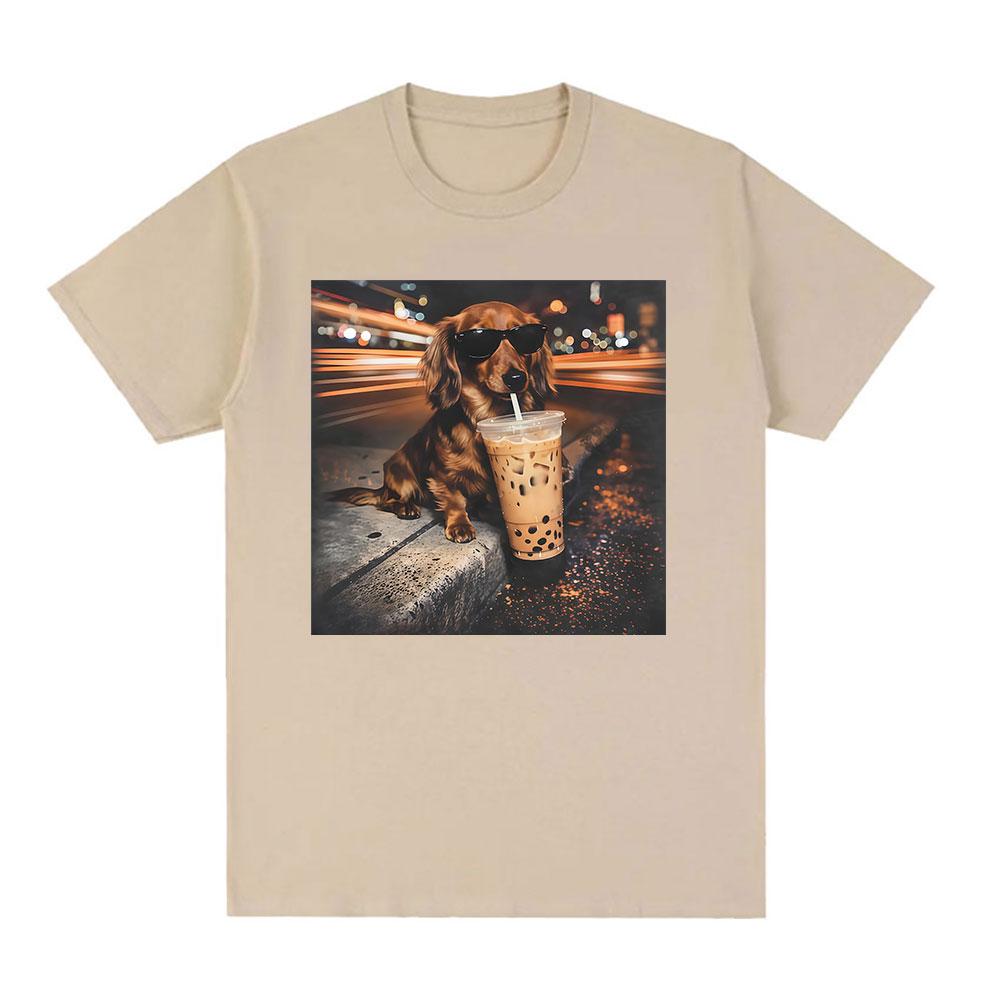 Funny Dachshund Drinking Iced Coffee Meme T-shirt Unisex's Cool Fashion Retro Short Sleeve T-shirts 100% Cotton T Shirt Streetwear