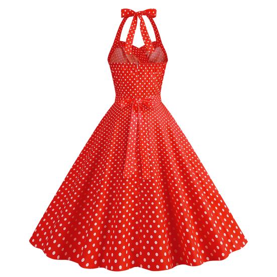 Abendkleid für Damen, Vintage, Kontrastfarbe, Punktdruck, A-Linie, großer Schwung, schmale Taille, ärmellos, rückenfrei, Neckholder, plissiert, Midikleid im Prinzessinnenstil