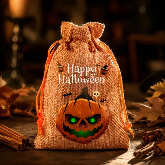 Halloween Party Supplies 2Pcs Pumpkin Drawstring Bags for Candy Treats, Retro Burlap Handmade Style Trick or Treat Bags, Portable Goodie Kids