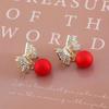 Elegant Red Faux Pearl & Diamond Bow Earrings for Women - Festive and Fashionable Holiday Accessories
