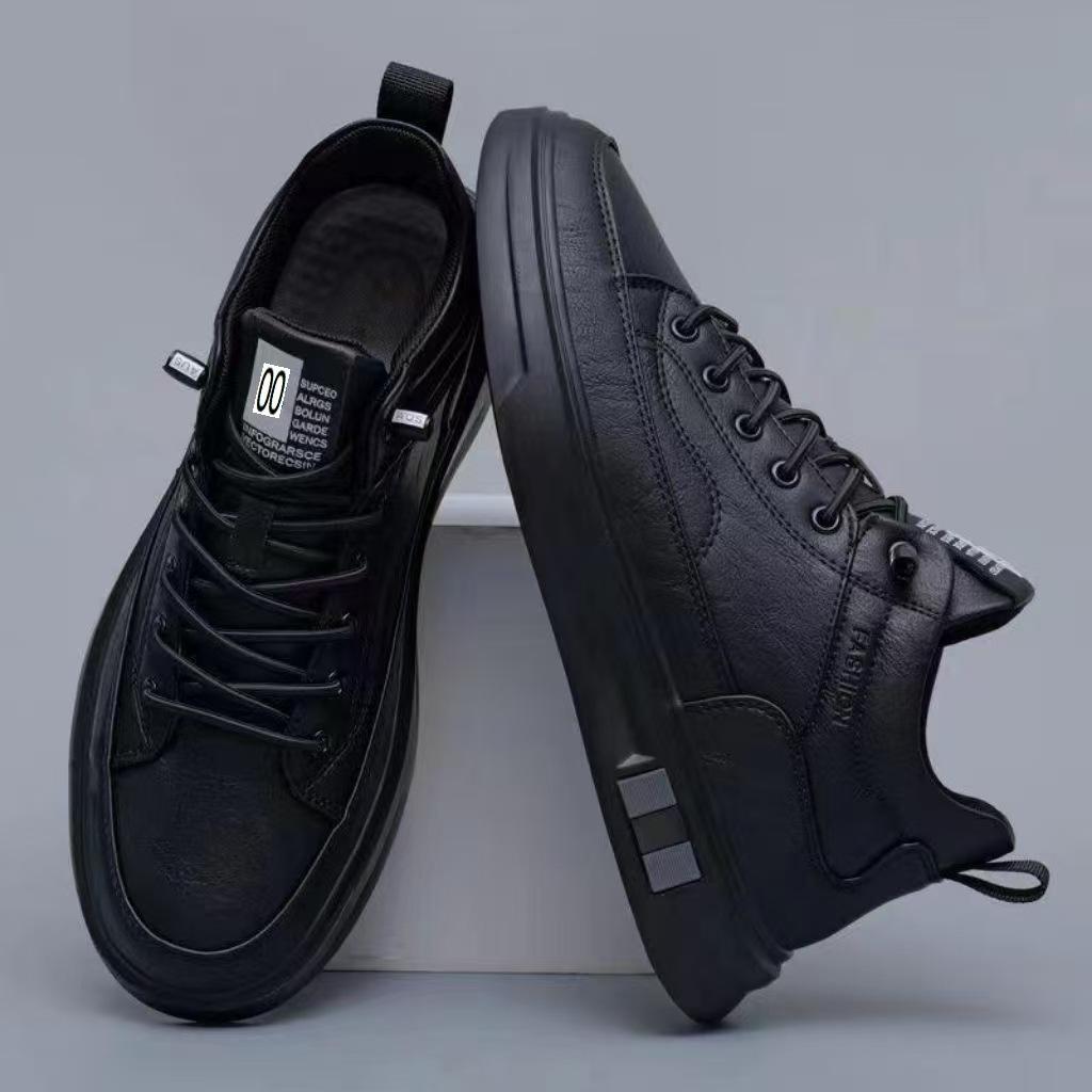 Waterproof Black Leather Lace-up Casual Men's Board Shoes: Trendy, Versatile, Comfortable.