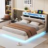Cama Tapizada 160x200 cm con Enchufe USB y Luz LED, Cabecero Reversible, Base Oculta, Cama Doble Plana, Tejido de Lino Beige