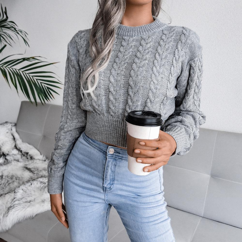GMXIA Dames Mode Casual Effen Kleur Herfst Winter Lange Mouw Ronde Hals Slanke Gedraaide Taille Gebreide Crop Trui