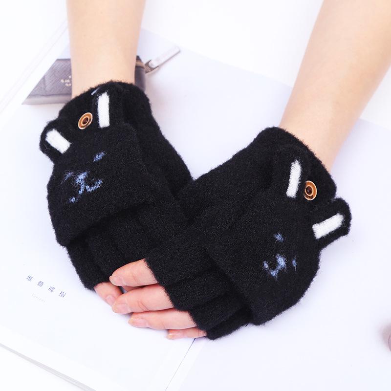 Student Writing Half Finger Flip Gloves Plush Cute Rabbit Face Girl Exposed Fingers To Keep Warm Female Winter