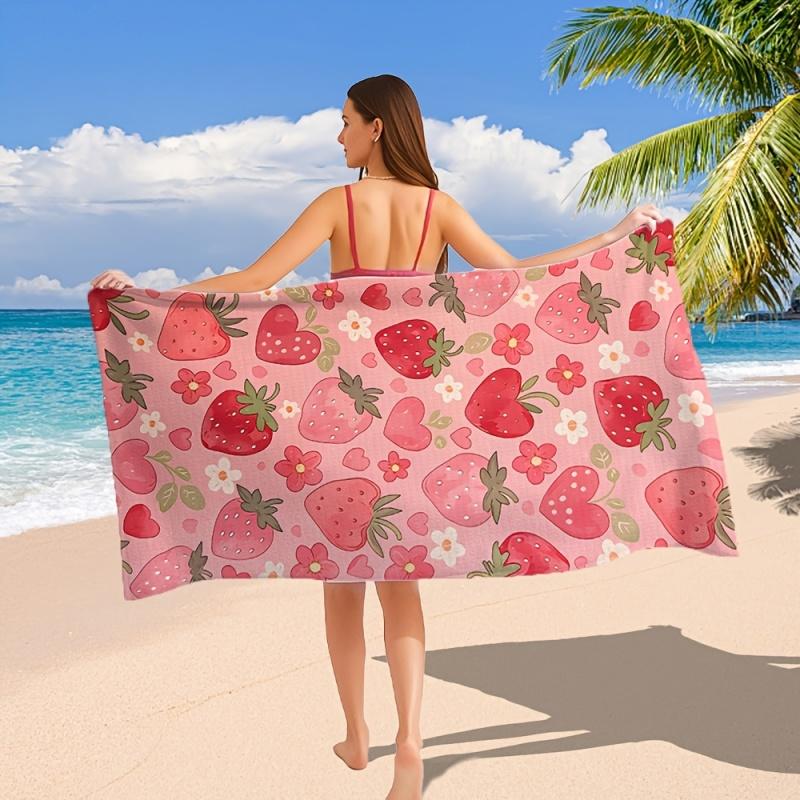 Pink Strawberry Floral Beach Towel Cute Fruit Heart Print Girls Quick Dry Pool Towel
