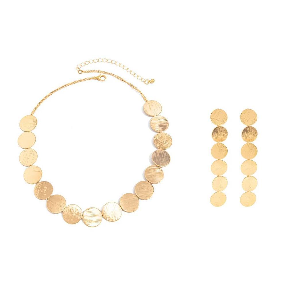 Ingemark Elegant Metal Round Sequins Choker Necklace Drop Earrings Jewelry Set for Women Luxury Simple Clavicle Accessories Gift
