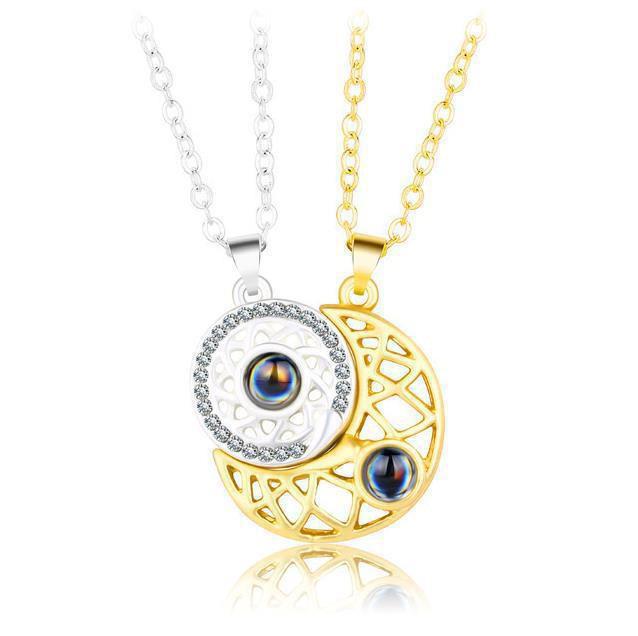 Sun Moon Heart Projection Necklace Set - Unique Pendant Design for Couples