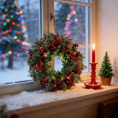 Artificial Red Berry Wreath Indoor Outdoor Front Door Wall Hanging Christmas Holy Berry Garland Holiday Party Decoration Ornament