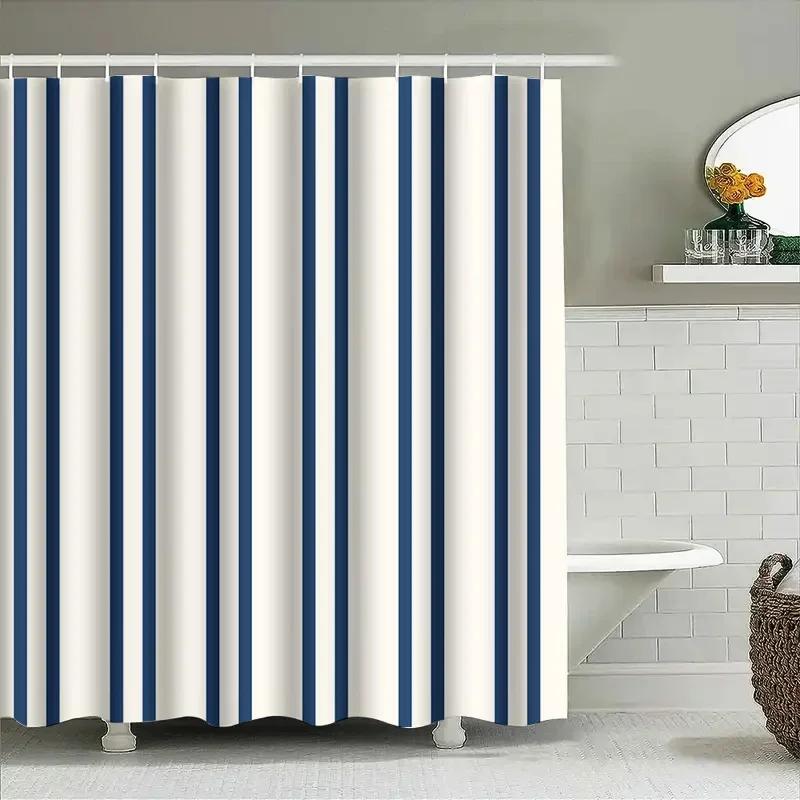 Rideau de douche rayé bleu et blanc classique Tapis de bain imperméable Doublure décorative Taille rectangulaire Personnalisable Pour accessoire de salle de bain