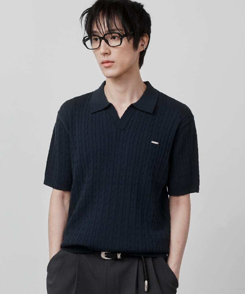 Ssei Essential Cable Open Collar Short Sleeve Knit Navy