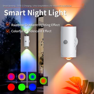 Rechargeable LED Night Light with Motion Sensor, RGB Gradient Ambient Light, Dimmable Indoor Lamp, Magnetic Stair Lights, Suitable for Entryway