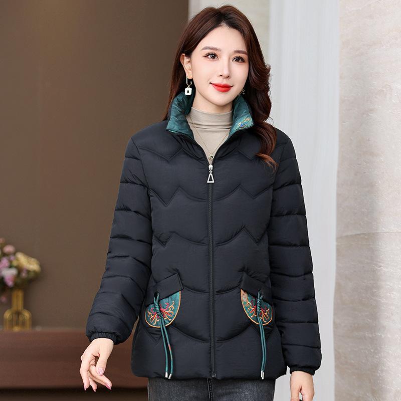 Middle-aged and Old Young Thin Cotton Jacket for Women Short Mother Autumn and Winter New Embroidered Stand-up Sewn Cotton Jacket