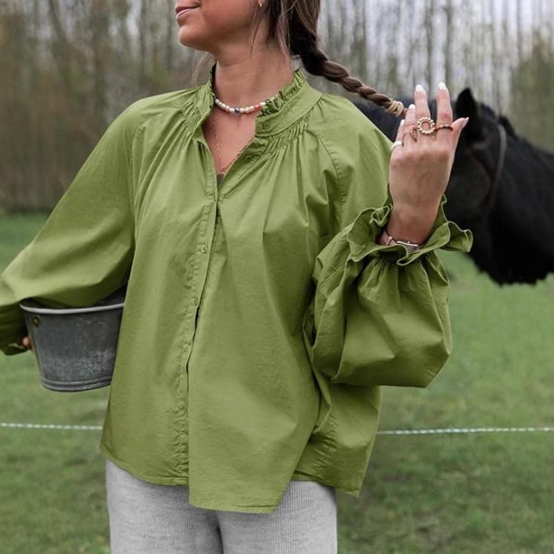 Frühling und Herbst Neu Damen Elegant und Süß Locker Lässig Laternenärmel V-Ausschnitt Rüschenhemd