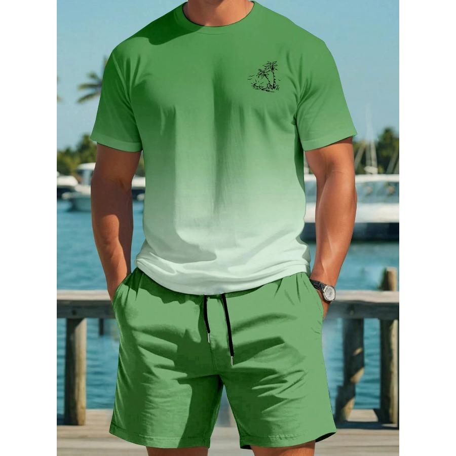 Gradient Color Short Sleeve Tee and Shorts Set Fashion Hawaiian Vacation T-shirt Drawstring Shorts 2-piece Set Men's Clothing