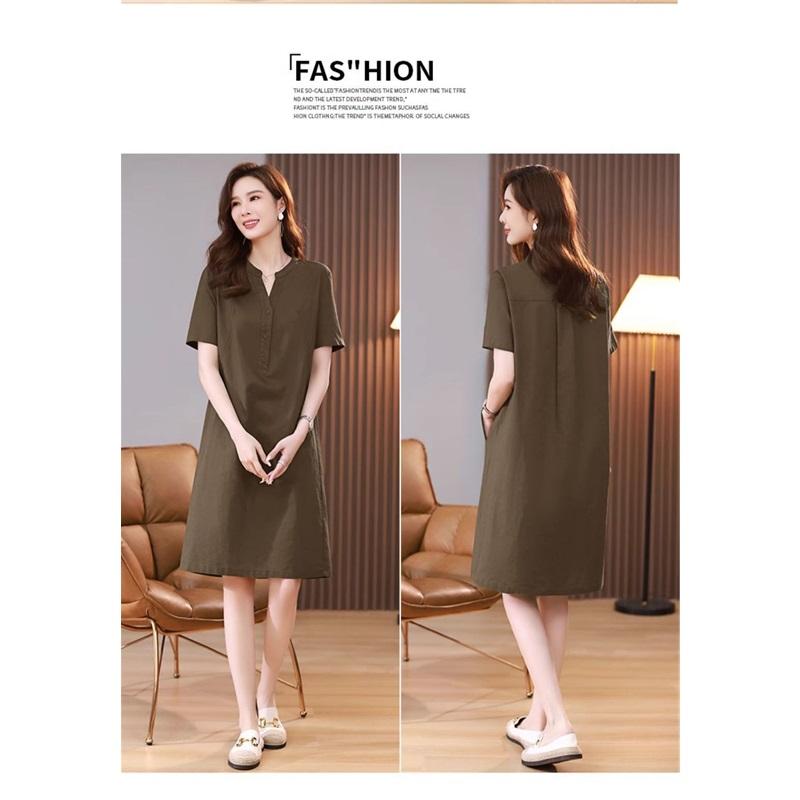 Robe d'été en lin et coton pour femme, col en V, demi-boutonnage, manches courtes, longueur midi, coupe ample, grande taille, robe élégante pour mère, robes décontractées à poches
